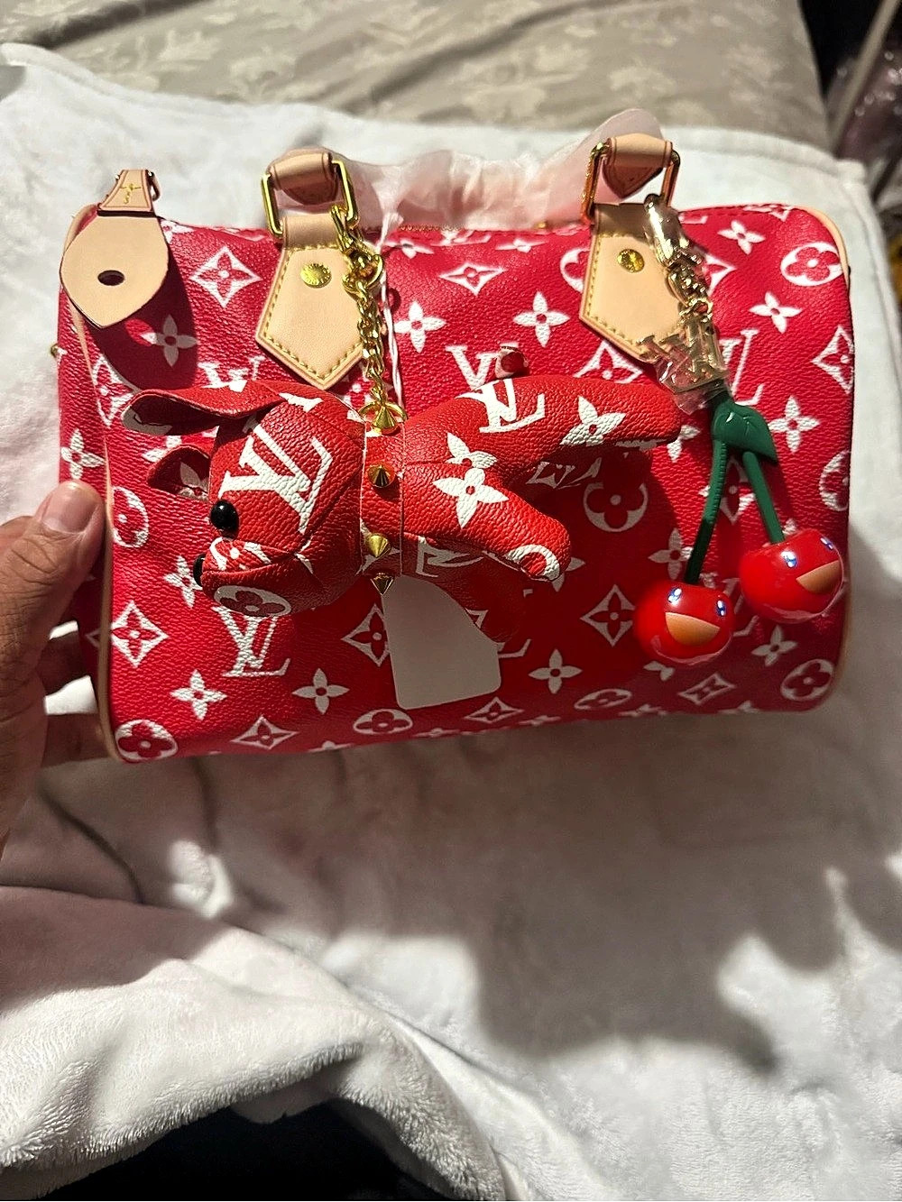3 Charms + Fashion Inspired Red & White Satchel W/Small Coin Purse & Strap